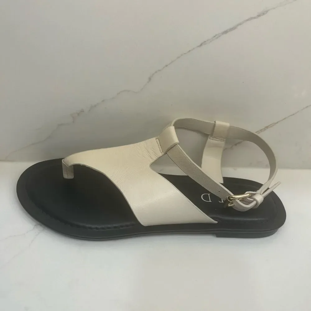 Silent D White Leather T-Strap Thong Sandals Minimalist Flat Sandal